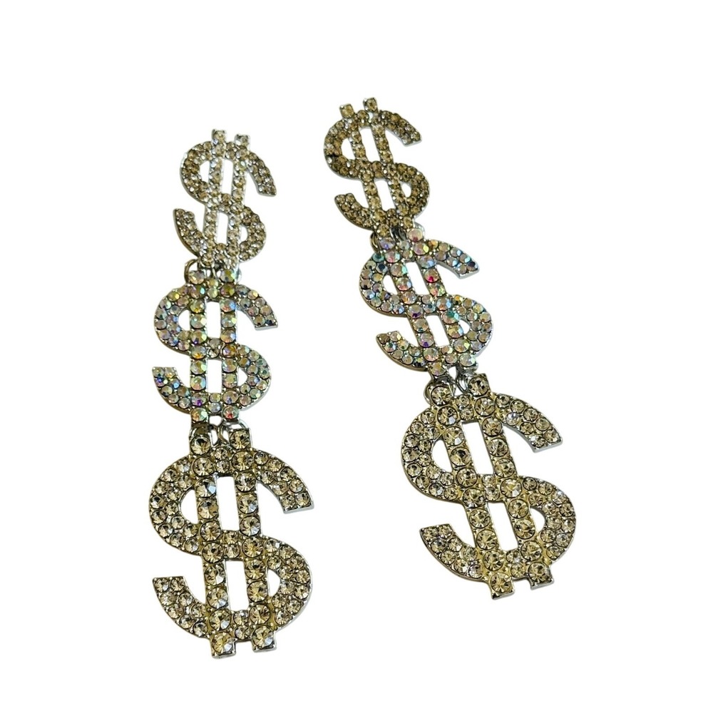 Crystal Money Sign $$$ Earrings bling Pierced rhinestone dangle Chunky MOD 4"L